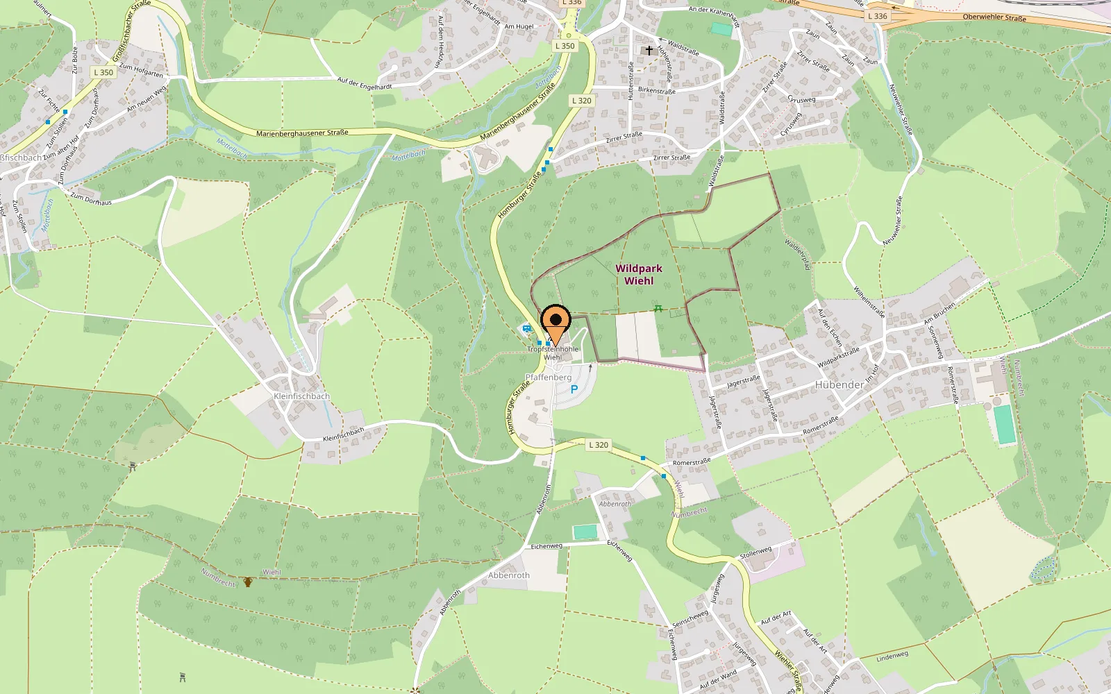 Karte der Umgebung: Wiehler Tropfsteinhöhle, Wildpark und Parkplatz am Pfaffenberg