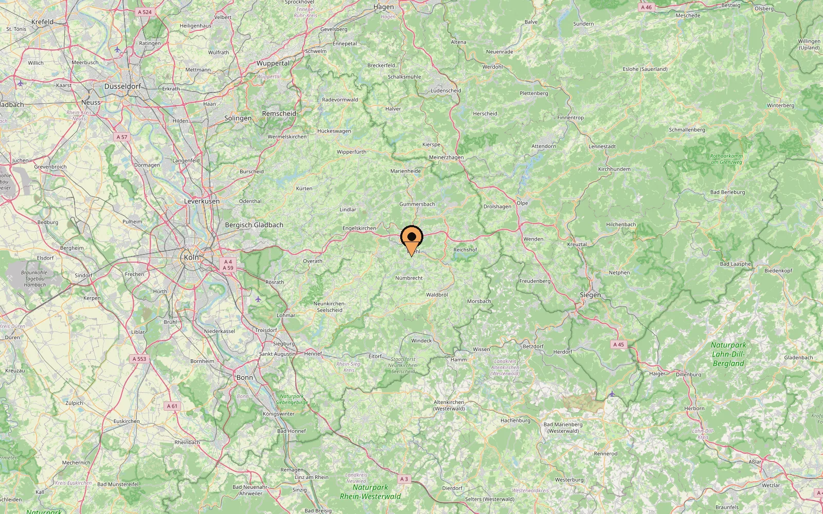 Übersichtskarte der Region mit Wiehl zwischen Köln, Bonn und Siegen