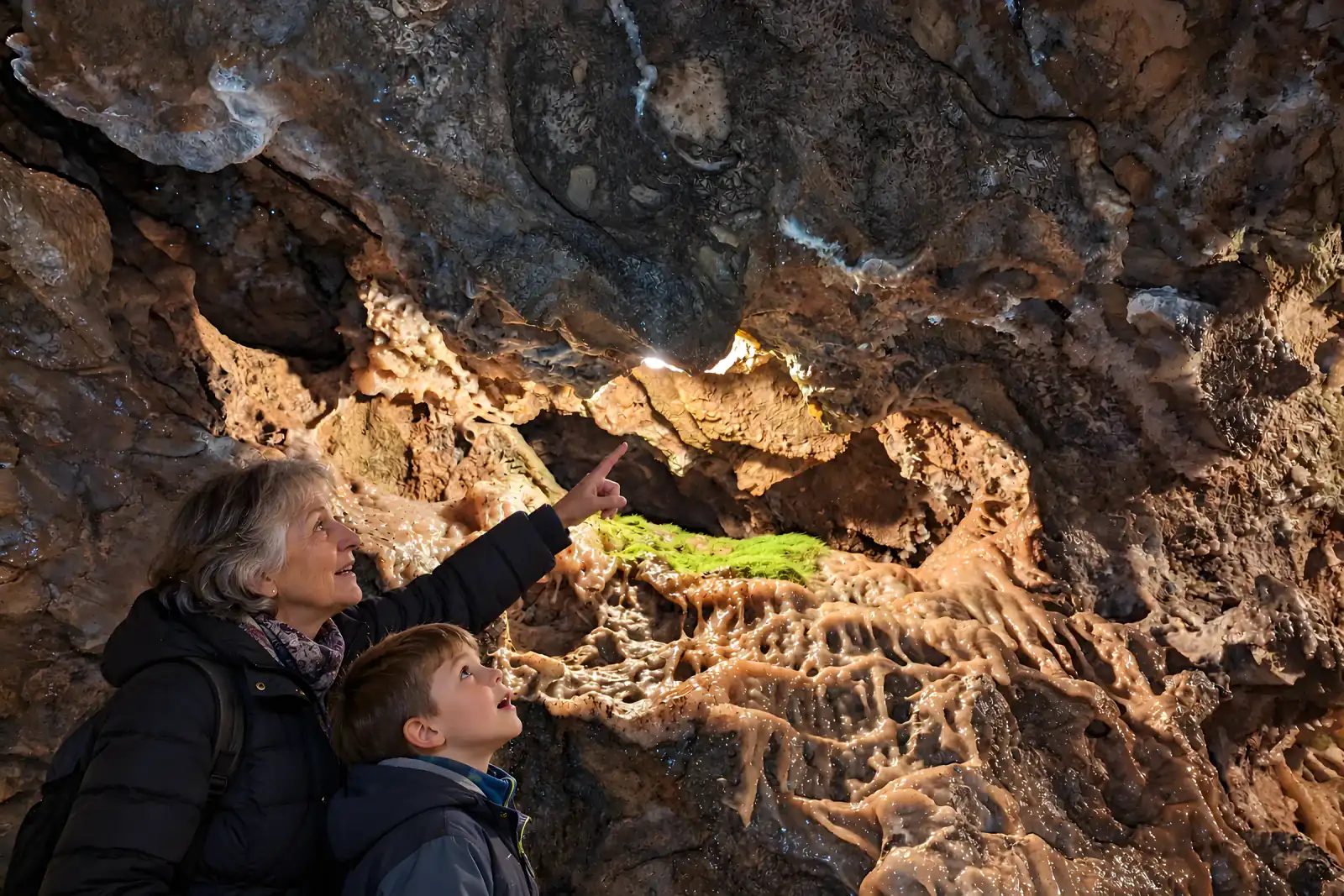Oma und Enkel bestaunen die Tropfsteine