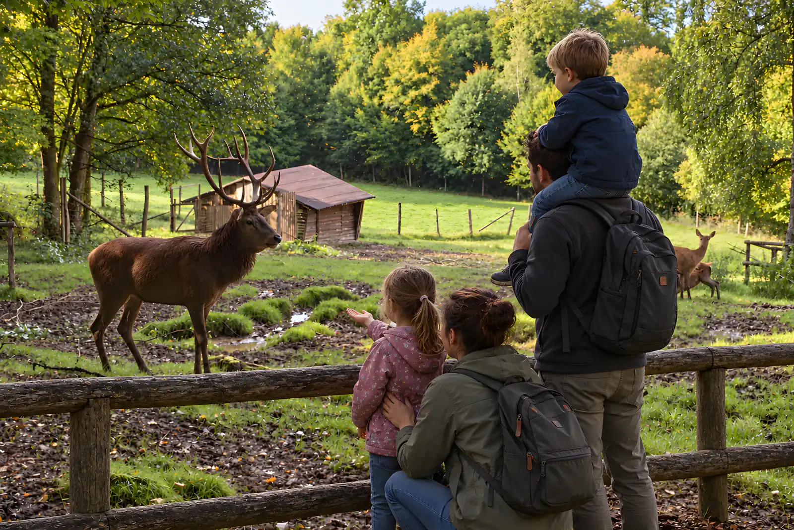 Familie am Gehege im Wildpark, Kind füttert Damwild