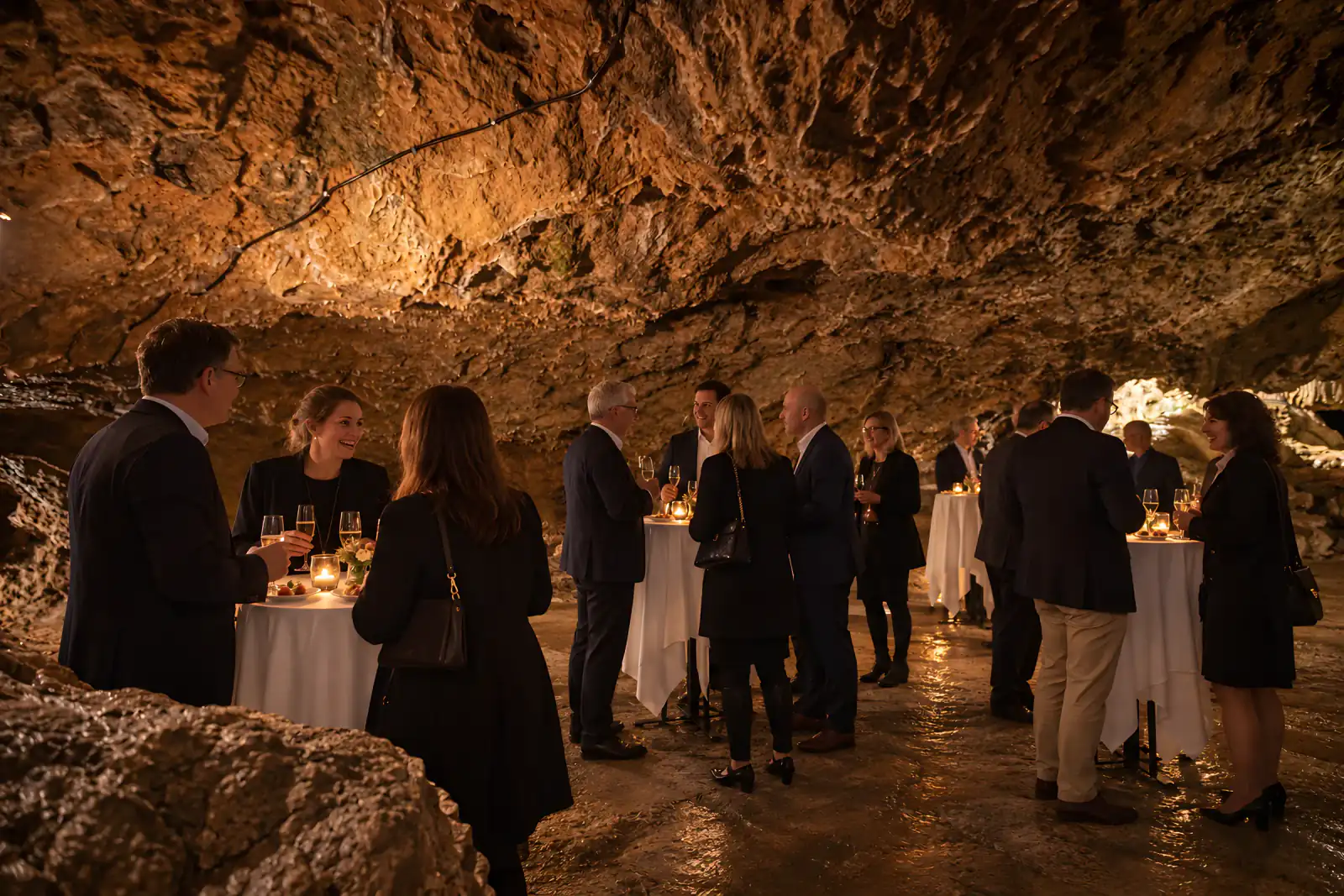 Réception avec mange-debout et bougies dans la grotte