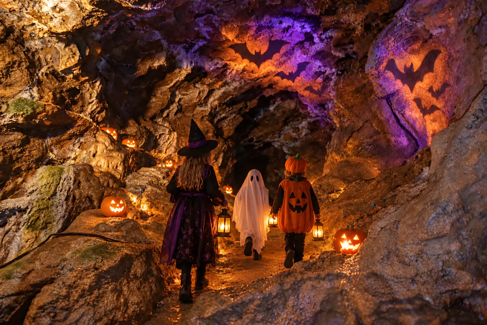 Kürbislaternen und kostümierte Kinder in der Höhle, Halloween-Stimmung