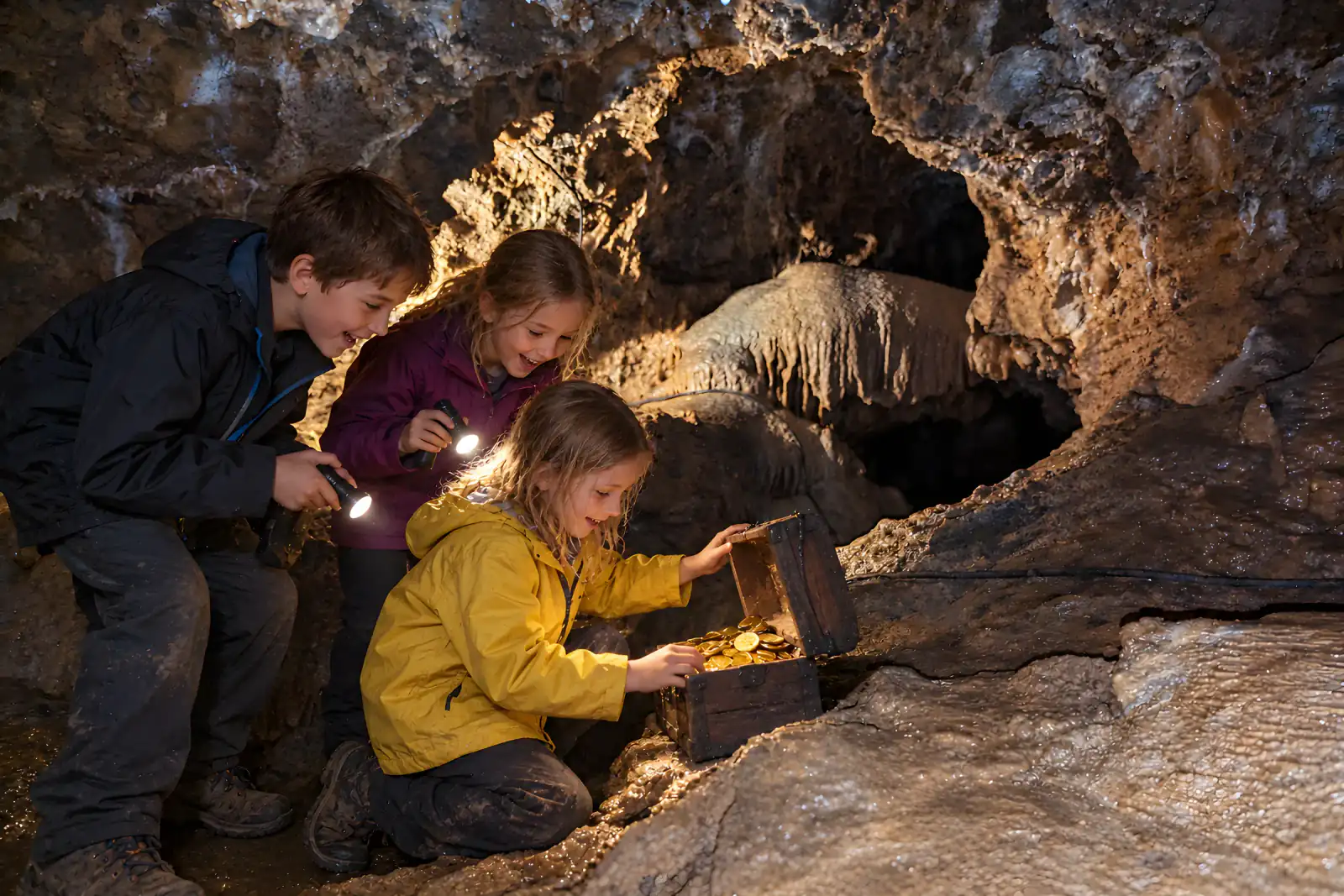 Kind mit Schatzkarte und Taschenlampe in der Tropfsteinhöhle