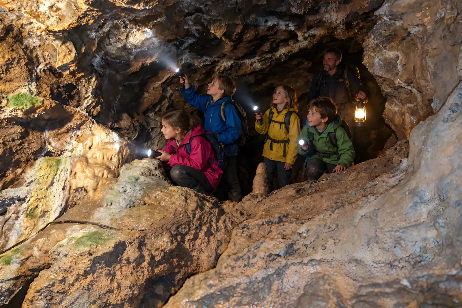 Kinder erkunden mit Taschenlampen einen Gang