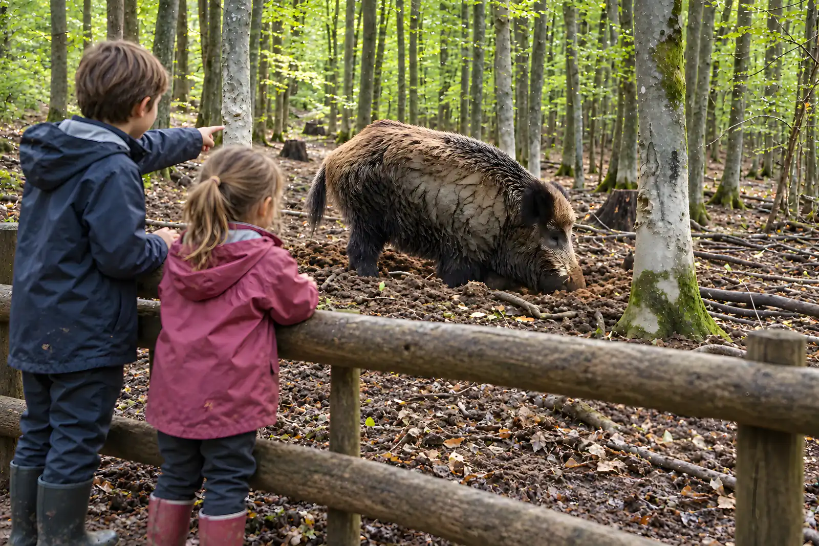 Kinder beobachten das Wildschwein am Zaun