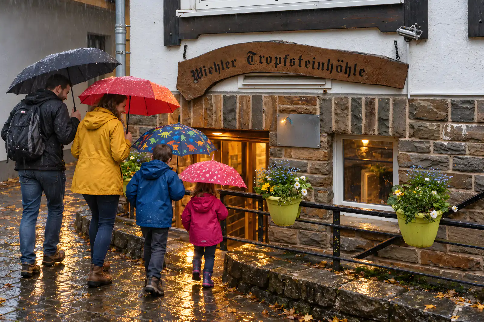 Besucher mit Regenjacken und Schirmen am Eingang der Tropfsteinhöhle