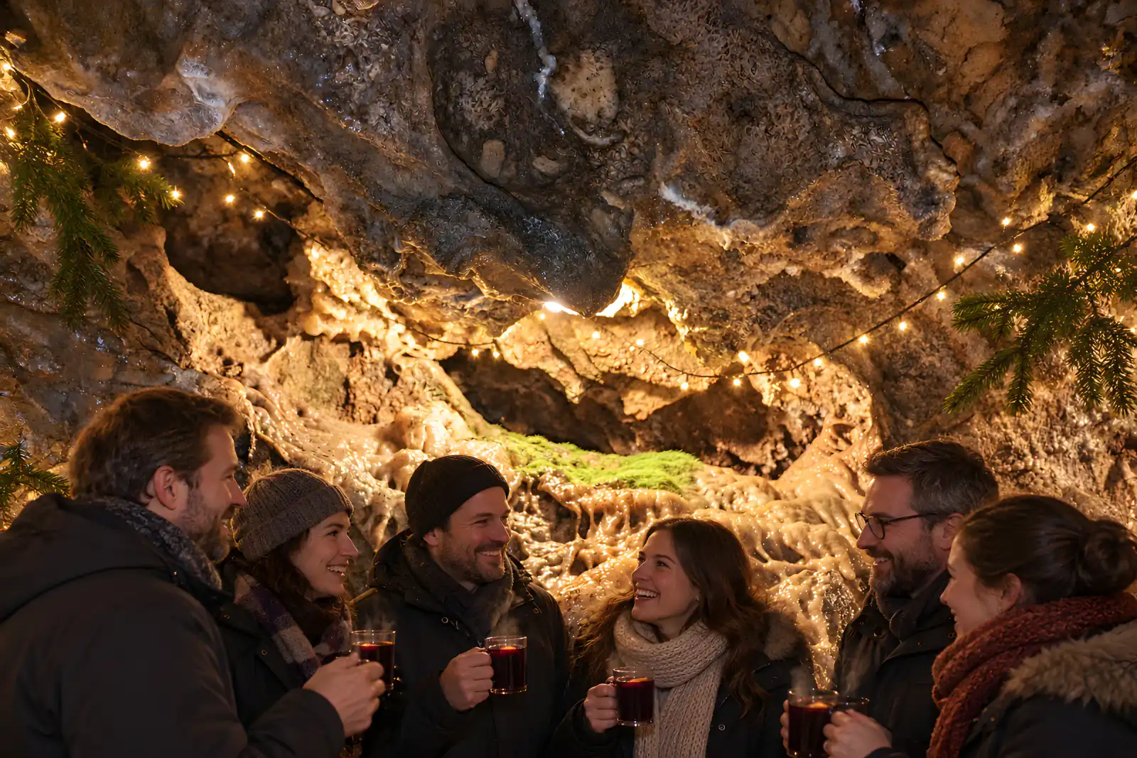 Kleine Gruppe in Winterjacken vor Tropfsteinen mit Lichterketten